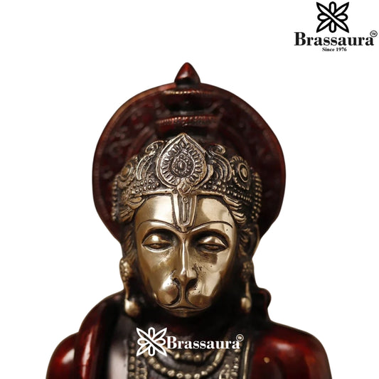 Brassaura® Hanuman Seated Blessing Pose Idol with Brown And Silver Finish | Pure Superfine Brass Handcrafted Murti | Brass Statue for Home Temple, Pooja Room | Height 11 Inches | Weight 4.67 Kgs