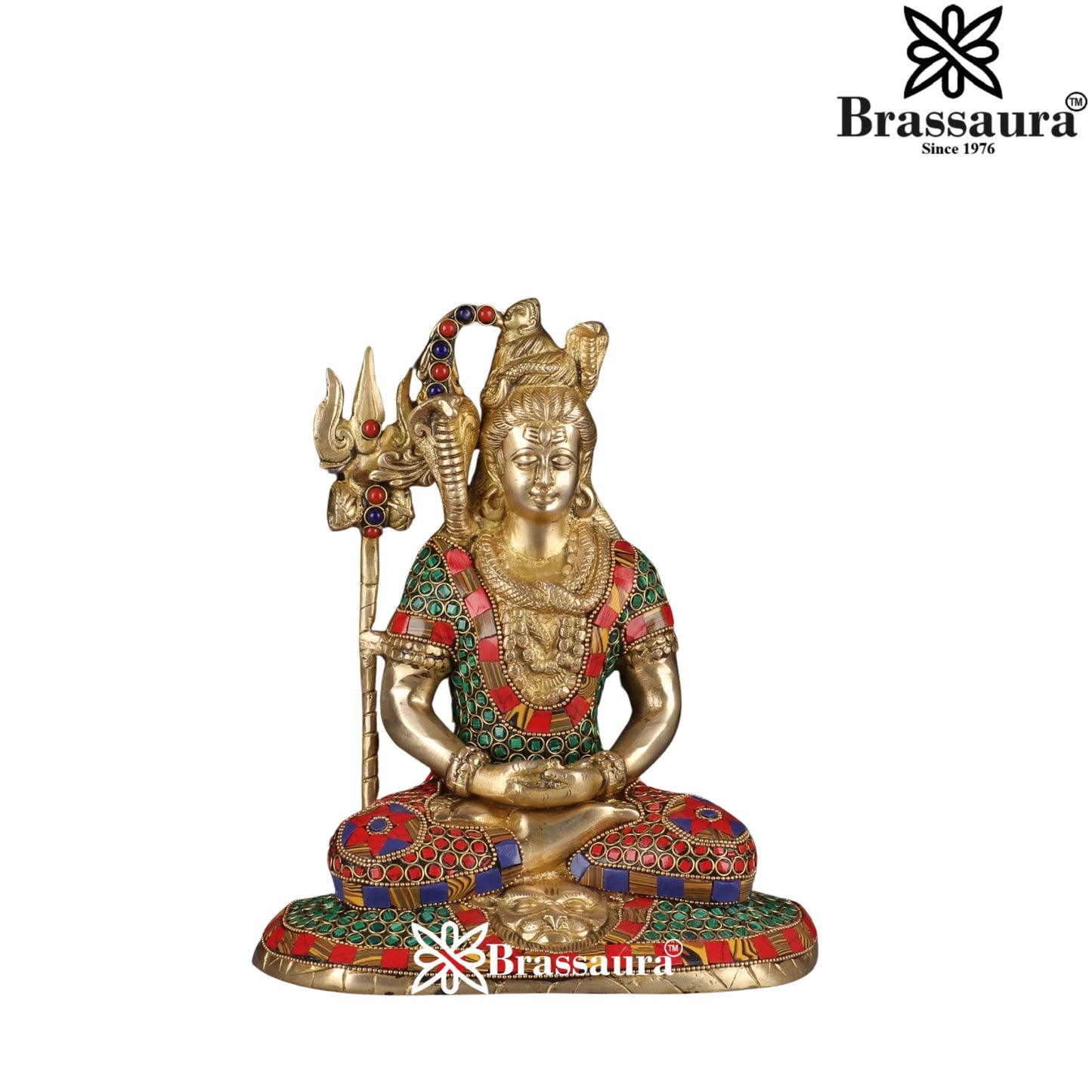 Brassaura™ Gemstone Decorated Brass Lord Shiva Statue – Height 10 Inches & Weight 4.3 Kgs | Spiritual Home Accent