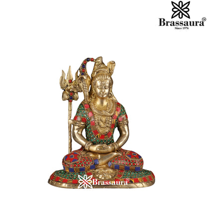 Brassaura™ Gemstone Decorated Brass Lord Shiva Statue – Height 10 Inches & Weight 4.3 Kgs | Spiritual Home Accent