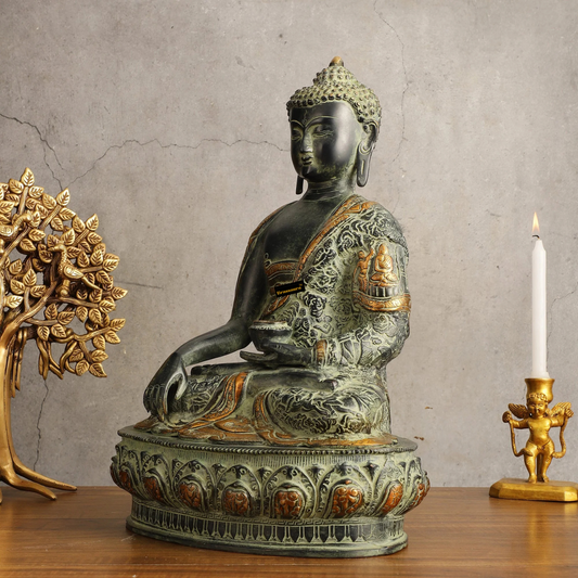 Brassaura® Buddha Sitting in Bhumisparsha Mudra with Antique Sand Finish & Life-Story Engraving | Pure Superfine Brass Handcrafted Murti | Brass Statue for Home Temple, Pooja Room | Height 15.5 Inches | Weight 7.81 Kgs