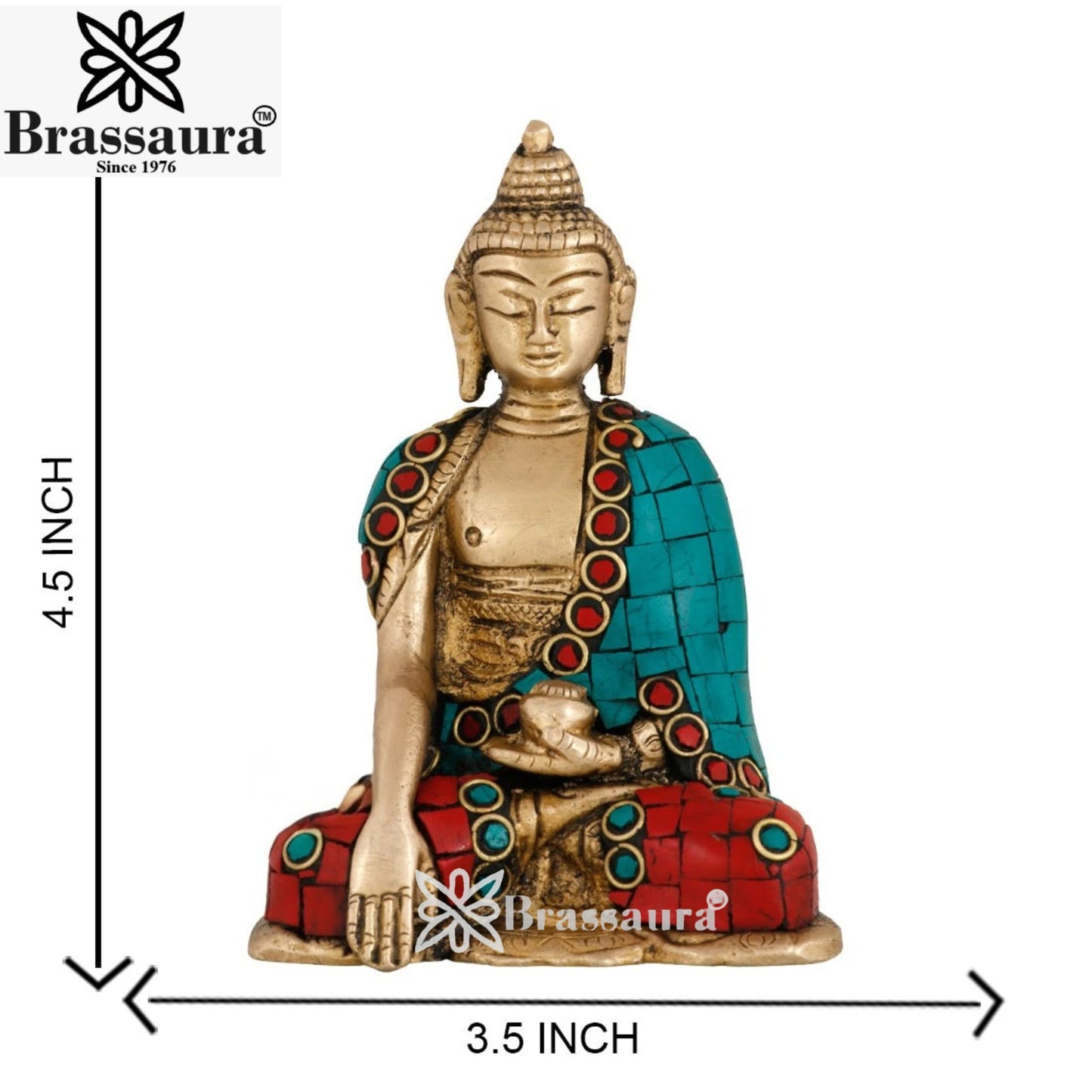 Brass Bhumisprasa Gem Stone Work Buddha Weight 0.7 kg & Height 4.5 Inch