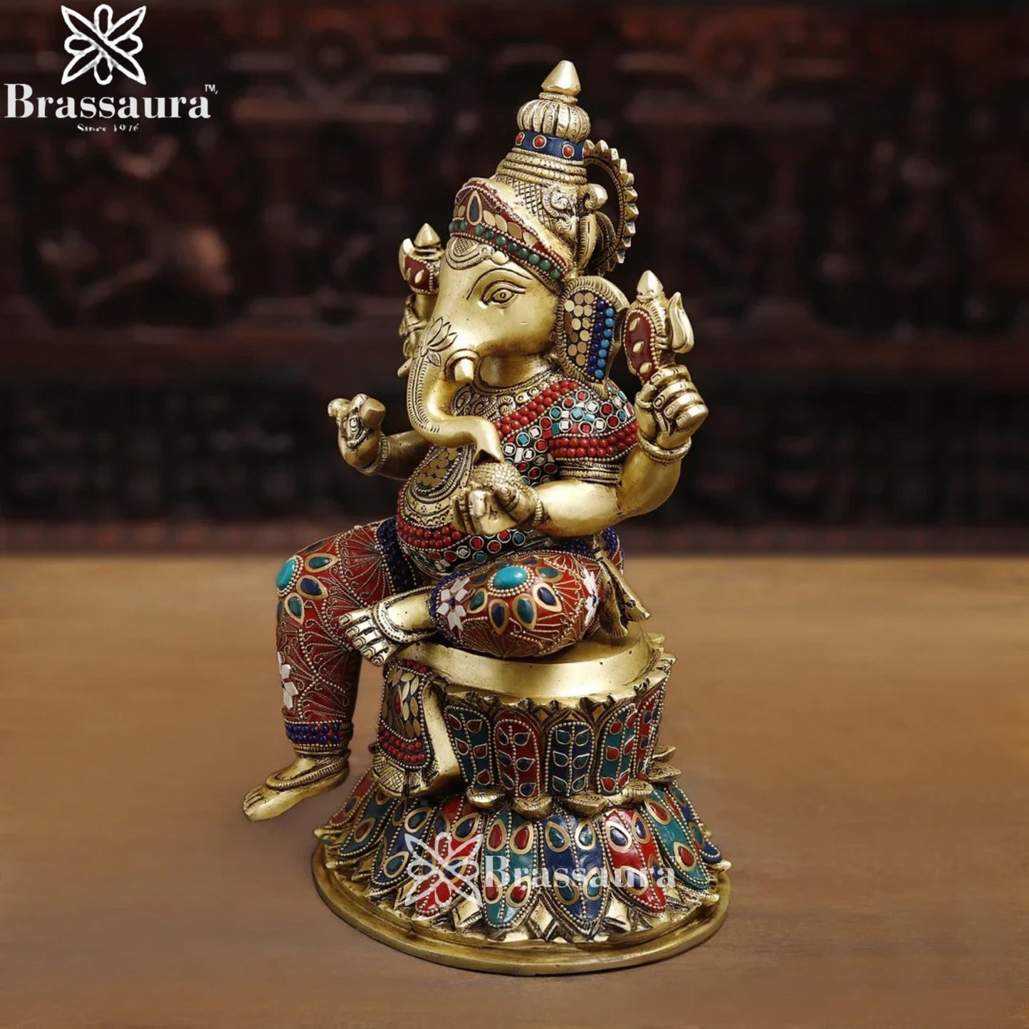 Brass Gem Stone Work Ganesha Weight 9.8 Kg & Height 14.5 Inch