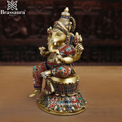 Brass Gem Stone Work Ganesha Weight 9.8 Kg & Height 14.5 Inch