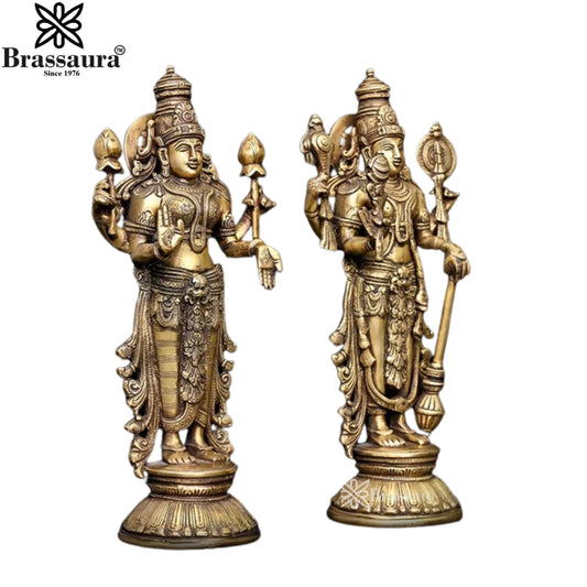 Brassaura® Vishnu Lakshmi Brass Idol Pair | Traditional Handmade Divine Sculpture Set | Height 12.8 Inches