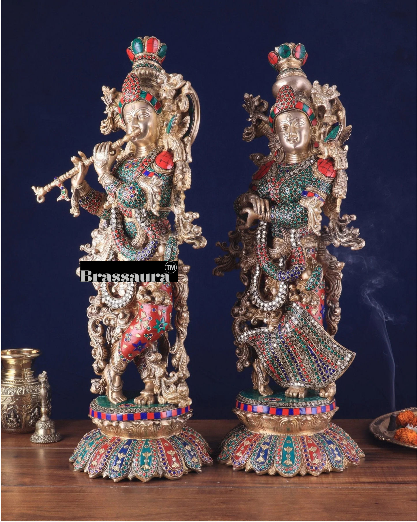 Brassaura™ Pure Brass Radha Krishna Statue with Triple-Layered Meenakari – Height 27 Inches & Weight 40 Kgs | Majestic Devotional Idol