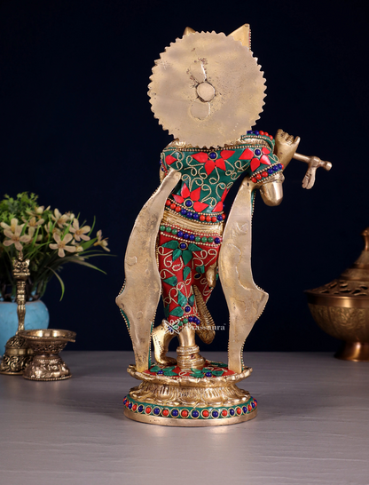 Brassaura™ Pure Brass Lord Krishna Idol with Floral Stonework – Height 11 Inches & Weight 2.75 Kgs