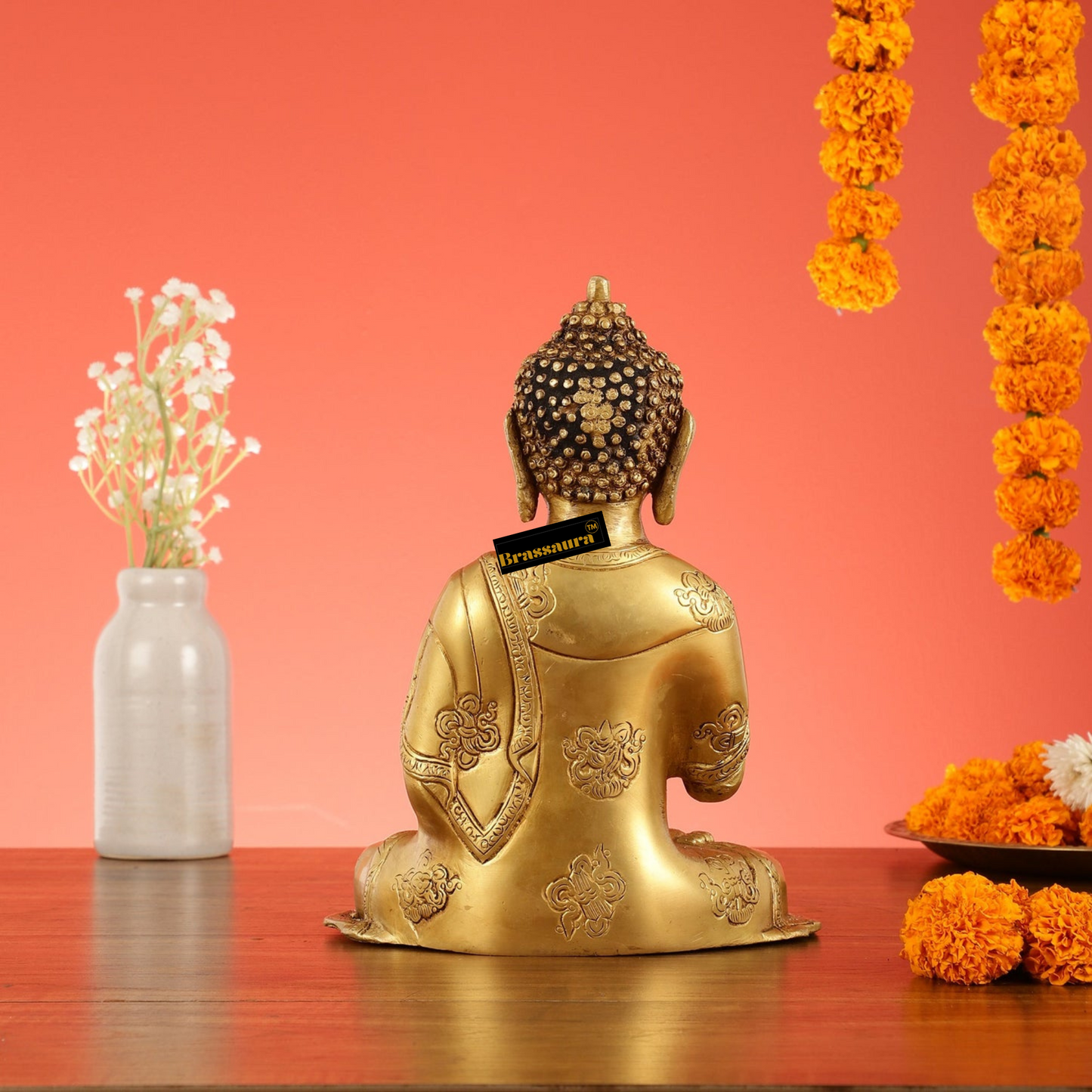 Brassaura™ Brass Buddha Idol in Abhaya Mudra – Height 10 Inches | Weight 2.8 Kgs | Spiritual Decor