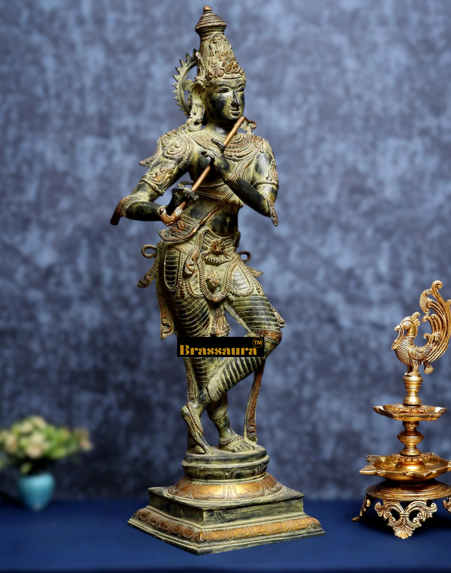 BrassAura™ Brass Krishna Statue – Green Algae Finish | Height 35 Inch | Weight 19 Kg