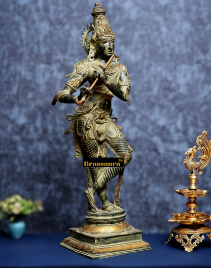 BrassAura™ Brass Krishna Statue – Green Algae Finish | Height 35 Inch | Weight 19 Kg