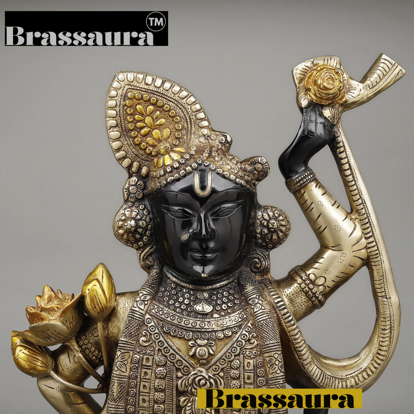 BrassAura™ Brass Krishna as Srinath – Golden & Black Patina Finish | Height 32 Inch | Weight 29.04 Kg