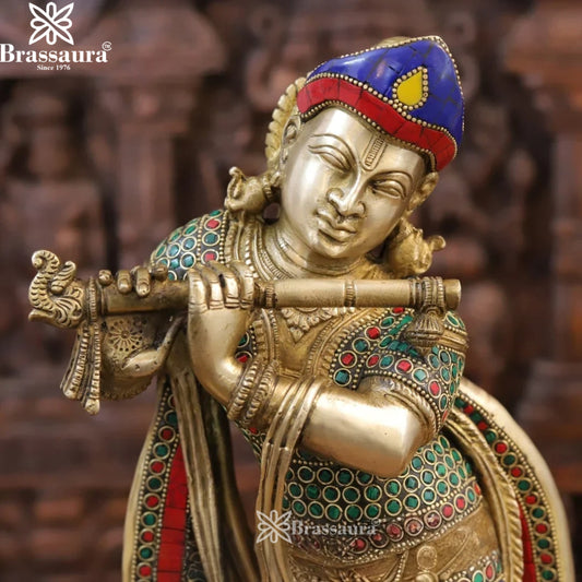 Brassaura® Lord Krishna Playing Flute Idol | Pure Superfine Brass Handcrafted Gemstone Work & Fine Golden Finish Murti | Premium Krishna Statue for Home Temple & Luxury Décor | Height 18.5 Inches | Weight 9.84 Kgs