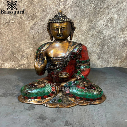 Brass Blessing Gem Stone Work Buddha Weight 5.3 kg & Height 11.5 Inch