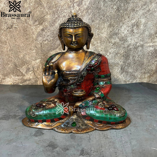 Brass Blessing Gem Stone Work Buddha Weight 5.3 kg & Height 11.5 Inch