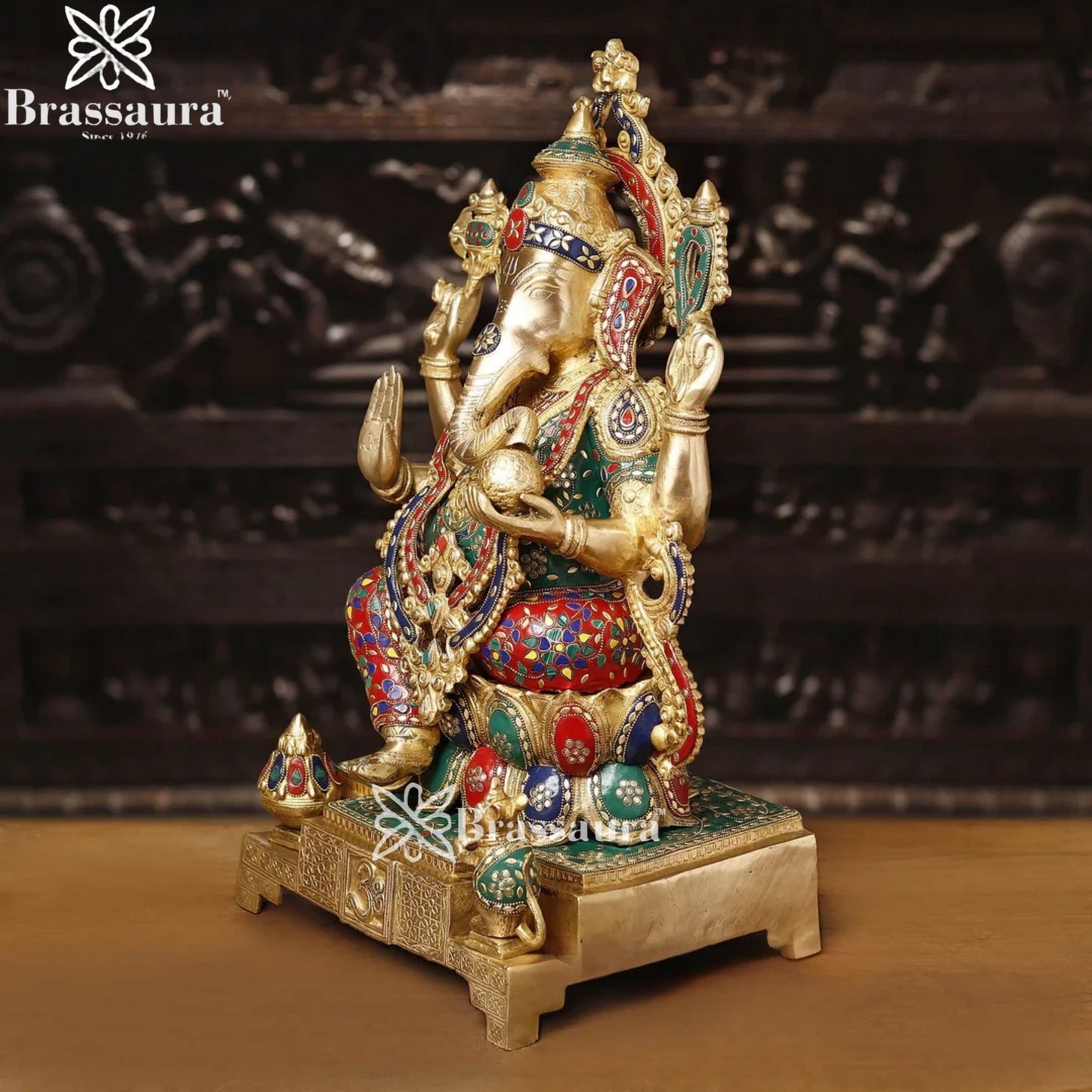 Brass Gem Stone Work Lotus Jewellery Ganesha Weight 33.5 Kg & Height 24 Inch