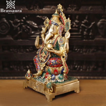 Brass Gem Stone Work Lotus Jewellery Ganesha Weight 33.5 Kg & Height 24 Inch