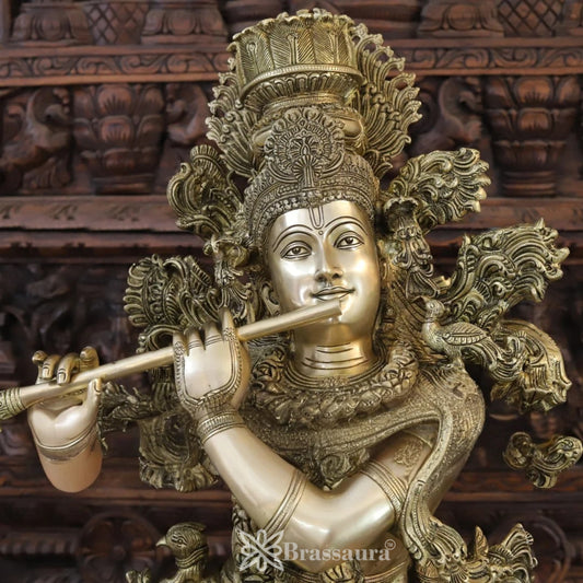 Brassaura® Lord Krishna Playing Flute with Floral Vines Idol | Pure Superfine Brass Handcrafted Fine Golden Finish Murti | Premium Krishna Statue for Home Temple, Luxury Décor & Spiritual Spaces | Height 43 Inches | Weight 73.24 Kgs
