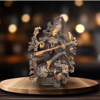 Brassaura™ Heavy Brass Saraswati Idol – Height 16 Inches & Weight 14.6 Kgs | Spiritual Statue