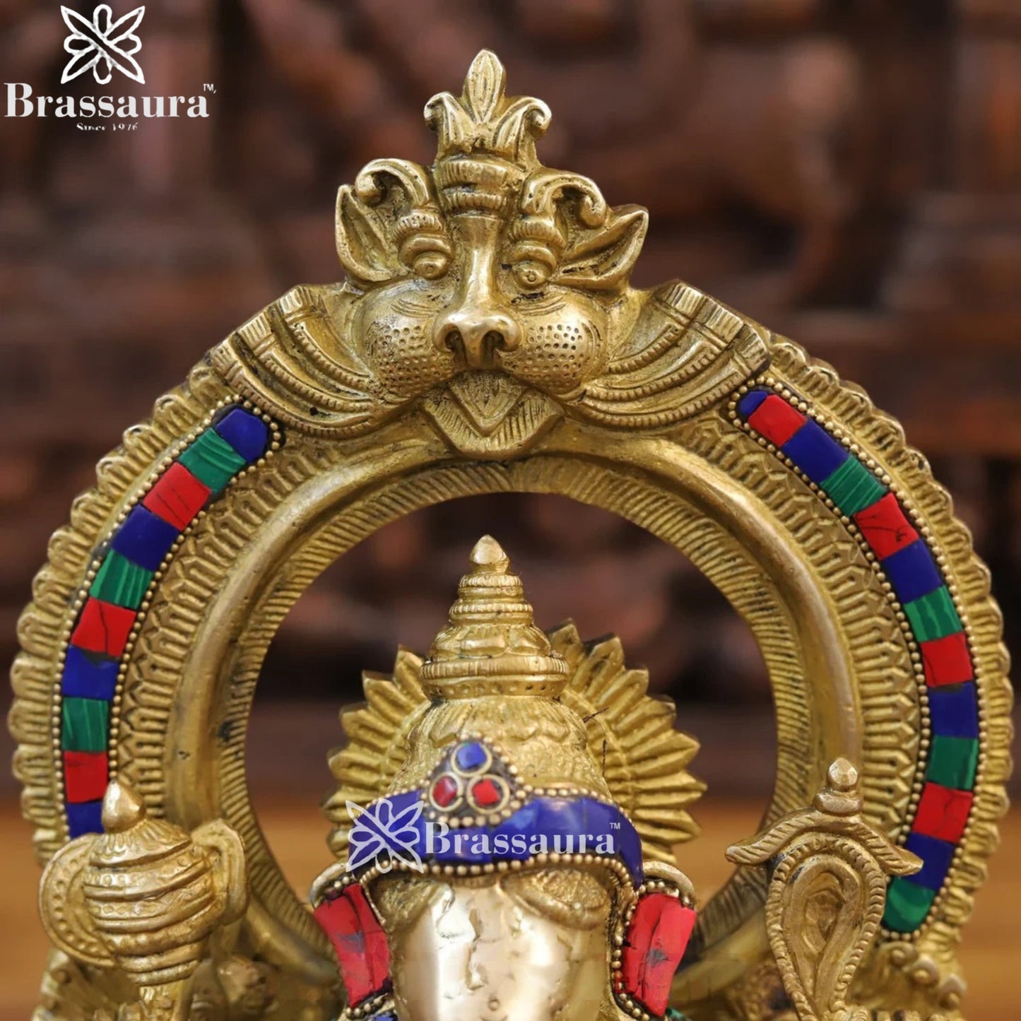 Brass Gem Stone Work Ring Ganesha Weight 4.32 Kg & Height 12 Inch