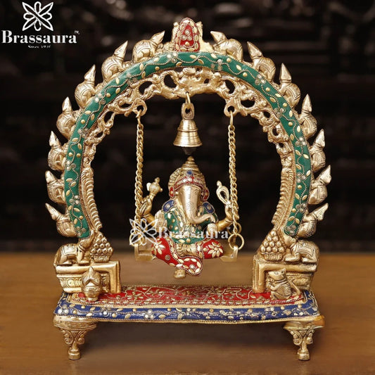 Brass Gem Stone Work Ganesha Jhula Weight 5.3 Kg & Height 15 Inch