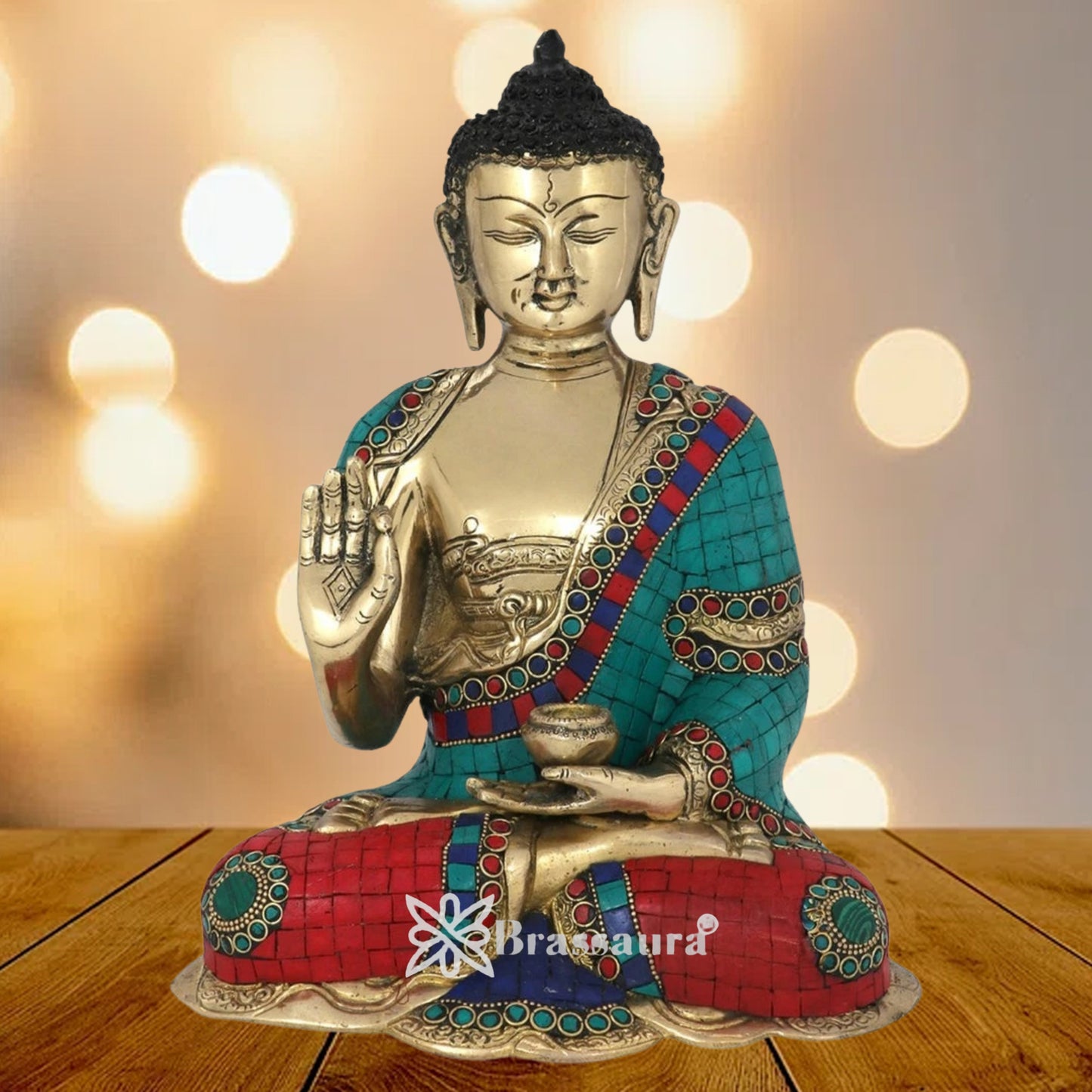 Brass Blessing Gem Stone Work Buddha Weight 5.5 kg & Height 12 Inch