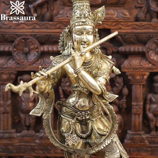 Brassaura® Lord Krishna Playing Flute Idol | Pure Superfine Brass Handcrafted Antique Gold Finish Murti | Premium Krishna Statue for Home Temple, Pooja Room & Spiritual Décor | Height 28.5 Inches | Weight 17.04 Kgs