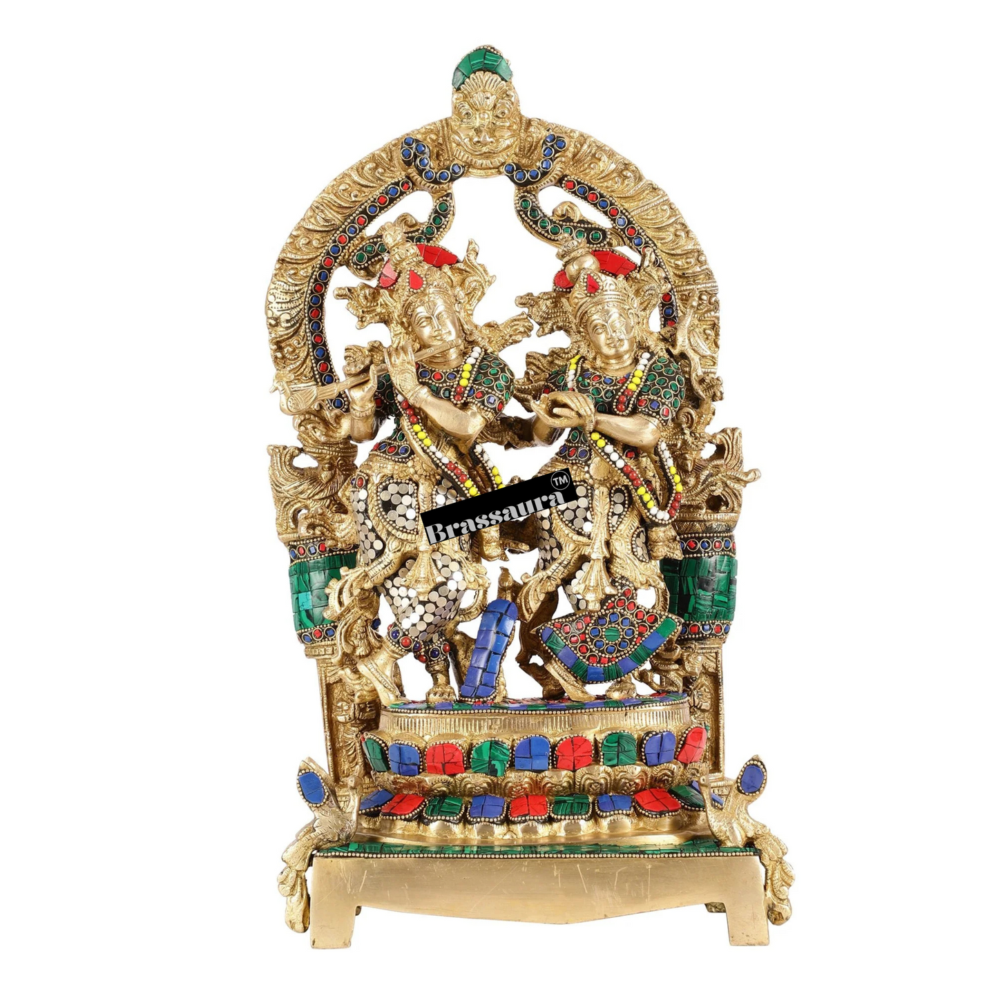 Brassaura™ Brass Radha Krishna Idol Pair with Peacocks & Prabhavali – Height 17.5 Inches & Weight 10 Kgs | Divine Devotional Statue