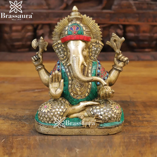 Brass Gem Stone Work Ganesha Weight 5.1 Kg & Height 9 Inch