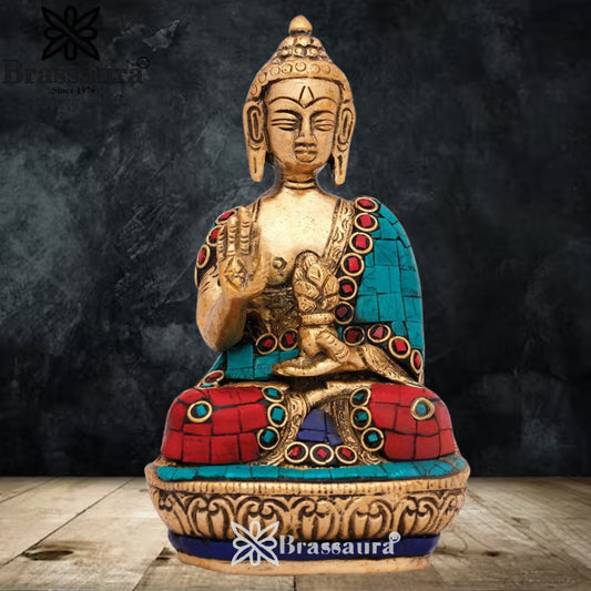 Brass Blessing Gem Stone Work Buddha Weight 0.9 kg & Height 5 Inch