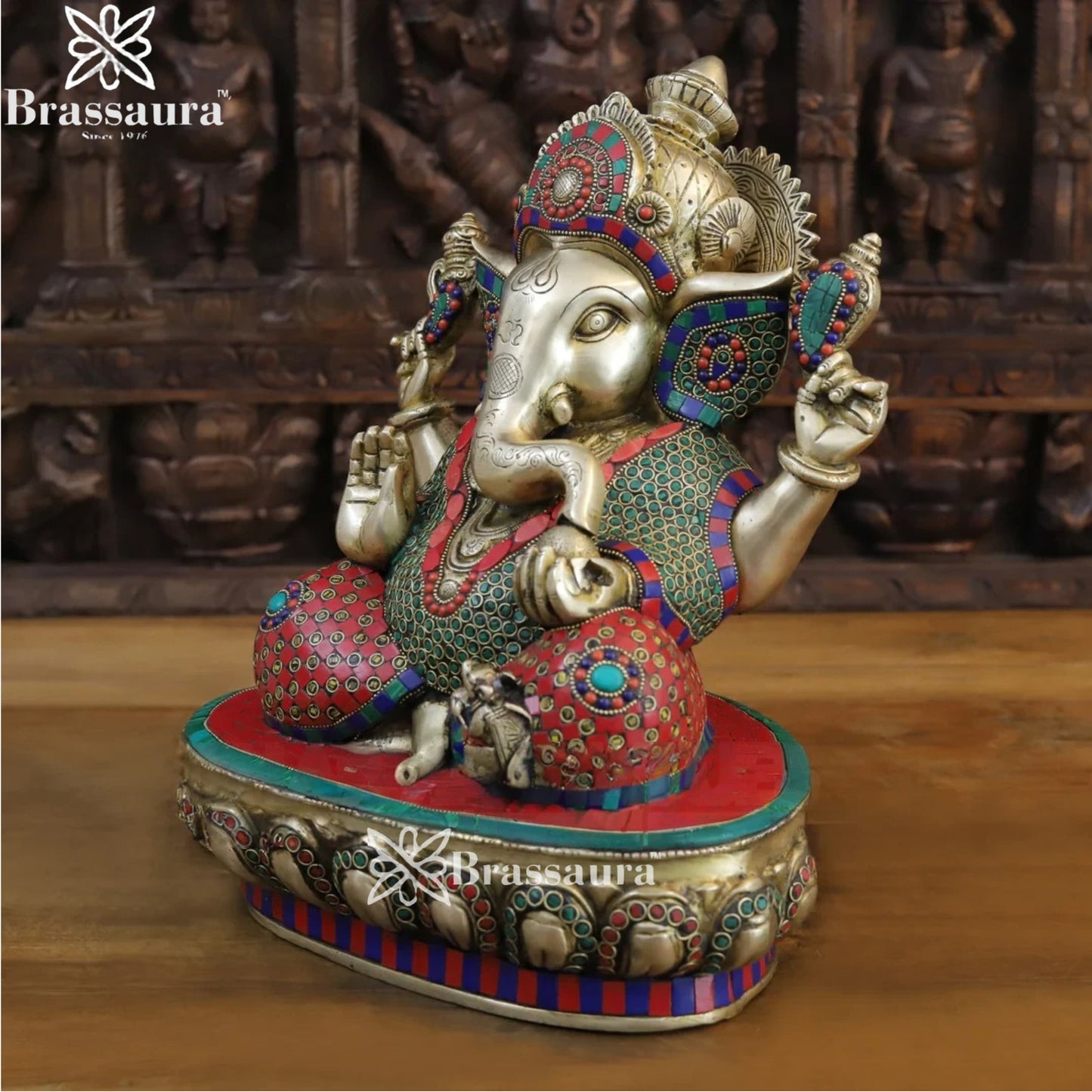 Brass Gem Stone Work Ganesha Weight 14 Kg & Height 15 Inch