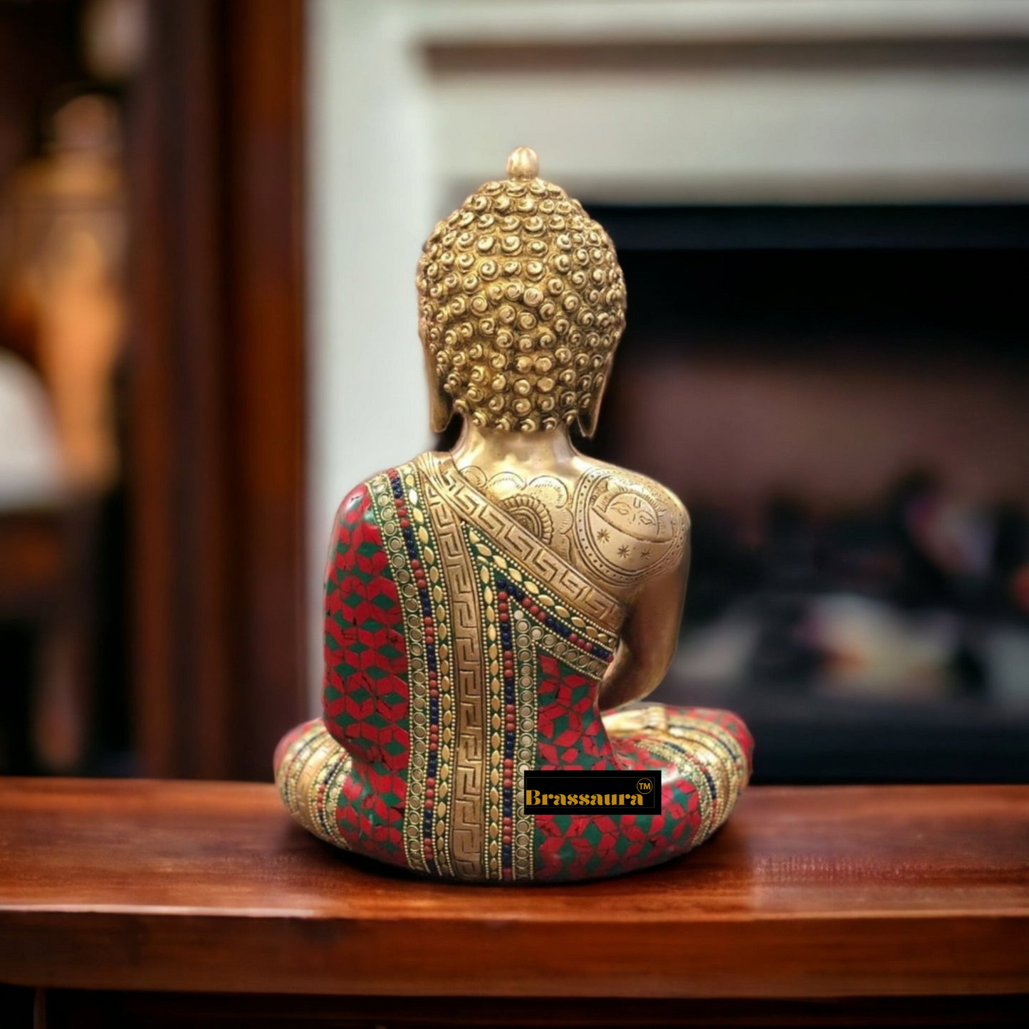 Brassaura™ Brass Meditating Buddha Statue in Dhyaan Mudra with Medicine Bowl – Height 12 Inches | Weight 6.5 Kgs | Meenakari Stonework