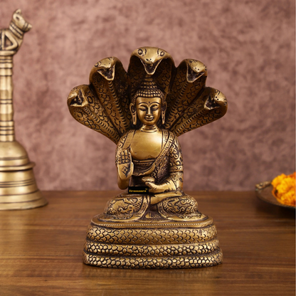 Brassaura™ Pure Brass Blessing Buddha Idol under Serpent Muchalinda – Height 8 Inches, Weight 2.33 Kgs