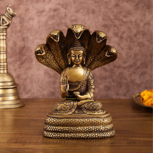 Brassaura™ Pure Brass Blessing Buddha Idol under Serpent Muchalinda – Height 8 Inches, Weight 2.33 Kgs