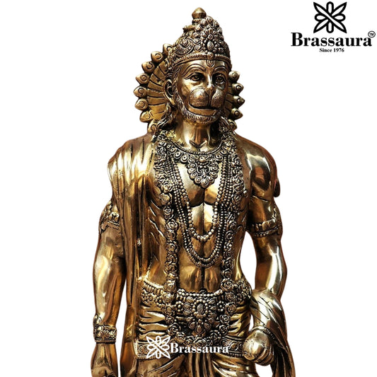 Brassaura® Hanuman Standing Idol with Gada and Antique Brass Finish | Pure Superfine Brass Handcrafted Murti | Brass Statue for Home Temple, Pooja Room | Height 23 Inches | Weight 13 Kgs