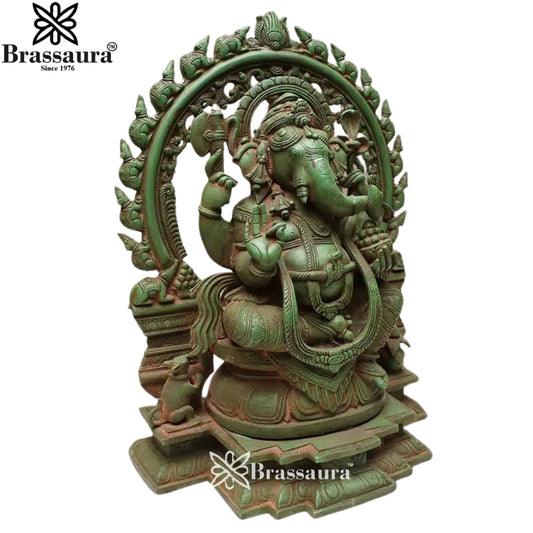 Brassaura® Exquisite Vintage Ganesha with Mushak Prabhavali | Antique Green Finish | Height 19 Inches