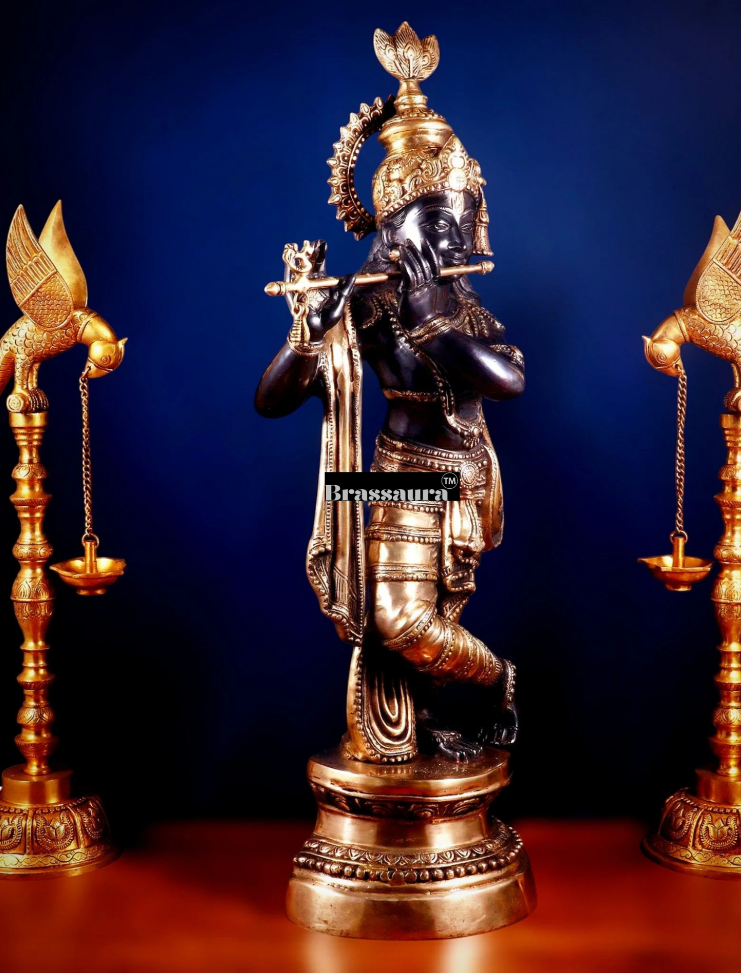 Brassaura™ Large Lord Krishna Brass Statue – Height 36" | Weight 22 Kgs | Black & Golden Finish