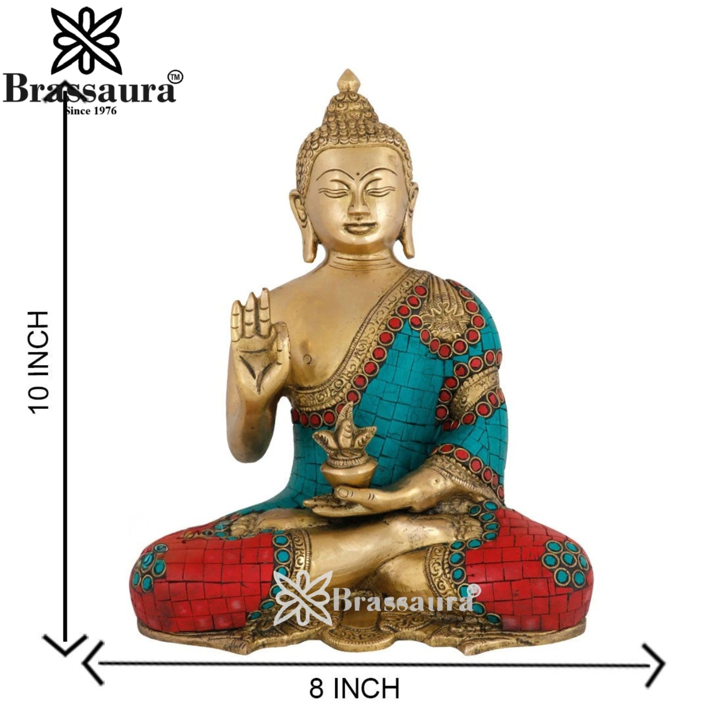 Brass Blessing Gem Stone Work Buddha Weight 4.2 kg & Height 10 Inch