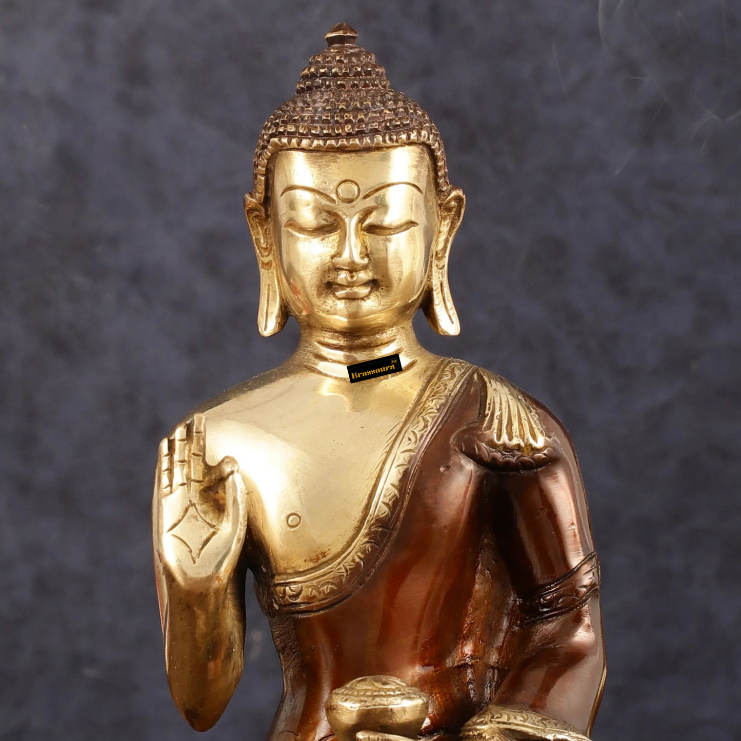 Brassaura™ Pure Brass Blessing Buddha Idol in Dual Tone – Height 7.5 Inches, Weight 1.8 Kgs