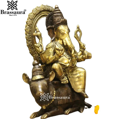 Brass Ganesha On Rat Statue Weight 14 Kg And Height 16 Inch