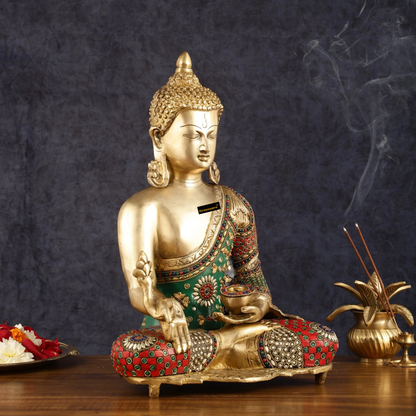 Brassaura™ Pure Brass Medicine Healing Buddha Statue with Meenakari Work – Height 16 Inches, Weight 11 Kgs