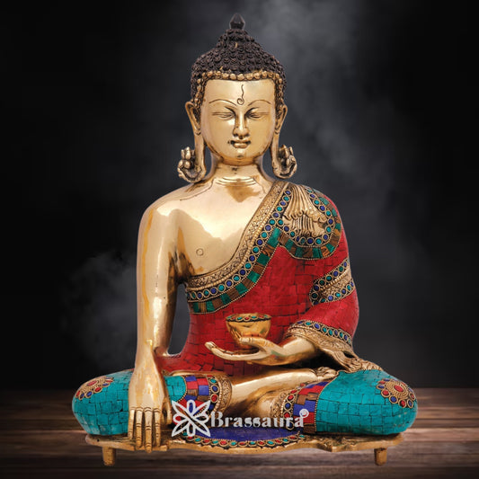 Brass Bhumisprasa Gem Stone Work Buddha Weight 11 kg & Height 16 Inch