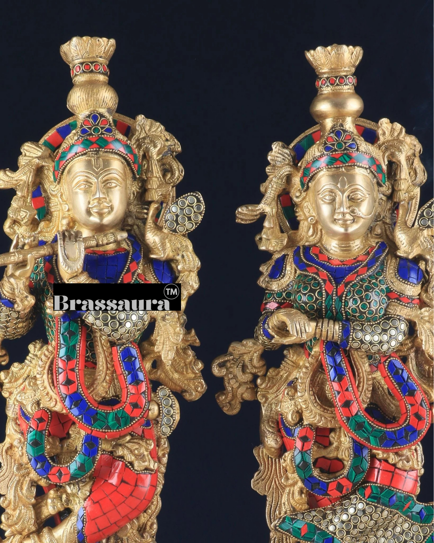 Brassaura™ Pure Brass Radha Krishna Statue with Brass Rings & Stones – Height 21 Inches & Weight 18 Kgs | Elegant Devotional Idol