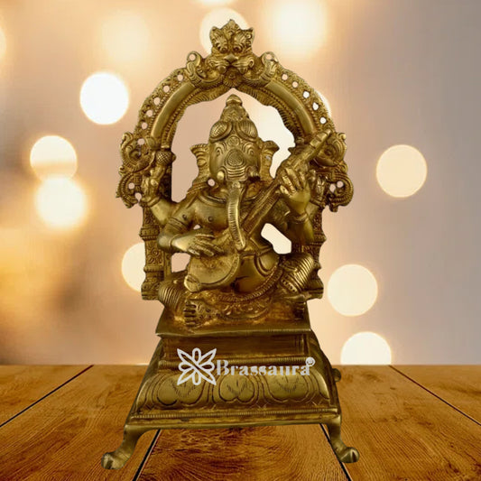 Brass Music Ganesha Play Guitar Statue Weight 1.98 Kg And Height 7.8 Inch