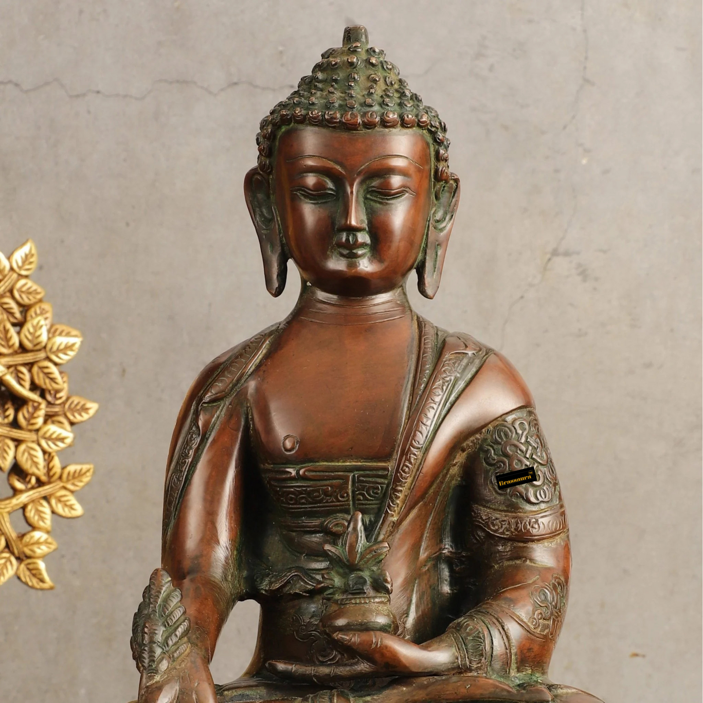 Brassaura™ Pure Brass Medicine Buddha Antique Tone Sculpture – Height 12 Inches, Weight 4.58 Kgs