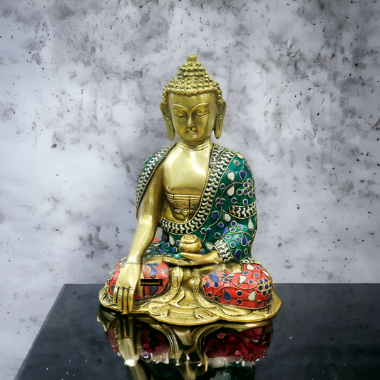 Brassaura™ Brass Gem Stone Work Bhoomisparsha Buddha Idol – Height 10 Inches | Weight 3.8 Kgs | Multi-Coloured