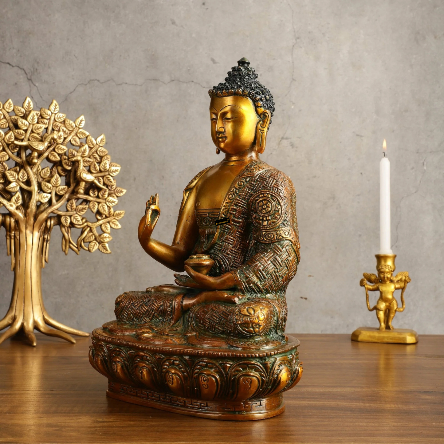 Brassaura™ Pure Brass Buddha Statue in Antique Finish – Height 12 Inches, Weight 5.05 Kgs