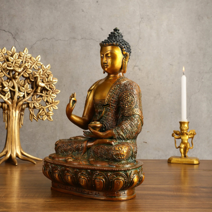 Brassaura™ Pure Brass Buddha Statue in Antique Finish – Height 12 Inches, Weight 5.05 Kgs