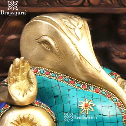 Brass Gem Stone Work Relaxing Ganesha Weight 3.3 Kg & Height 5.5 Inch