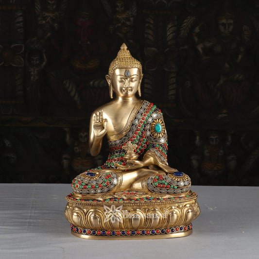 Brass Blessing Gem Stone Work Multicolored Buddha Weight 6.7 kg & Height 13 Inch