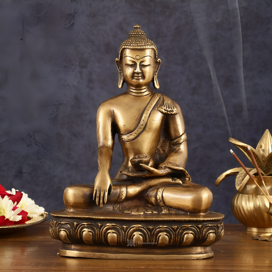 Brassaura™ Pure Brass Antique Tone Buddha Statue – Hand Down – Height 9.5 Inches, Weight 2.73 Kgs