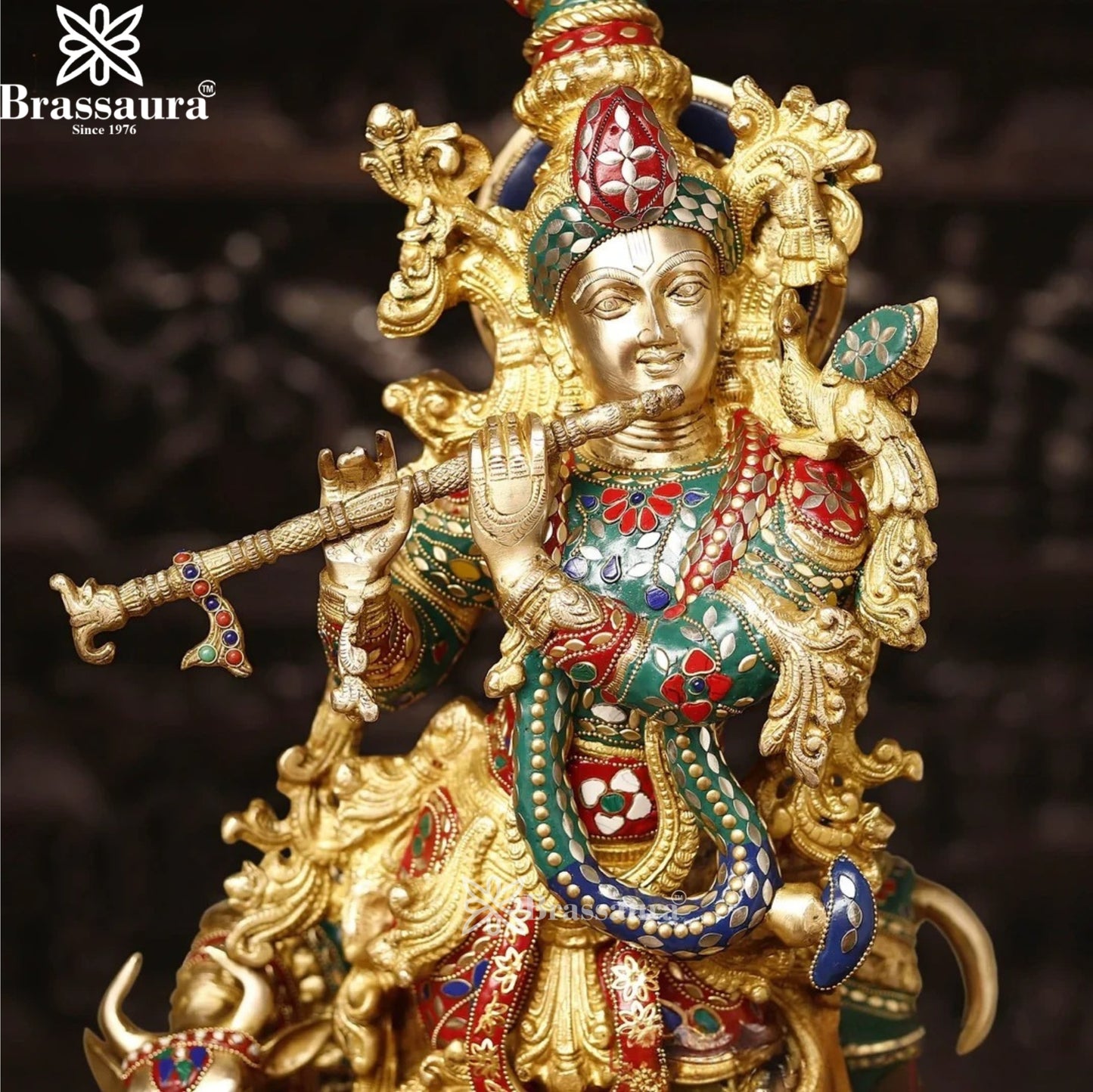 Brass Gem Stone Work Cow Krishna Murti Weight 23.77 Kg And Height 26 Inch